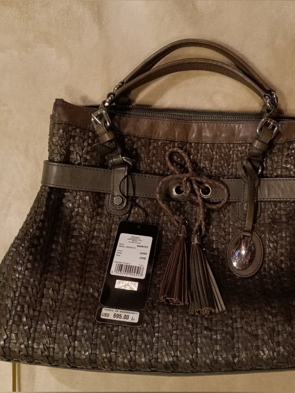 NWT Escada Satchel Woven Tassel Tote Bag in Dark Olive Brown